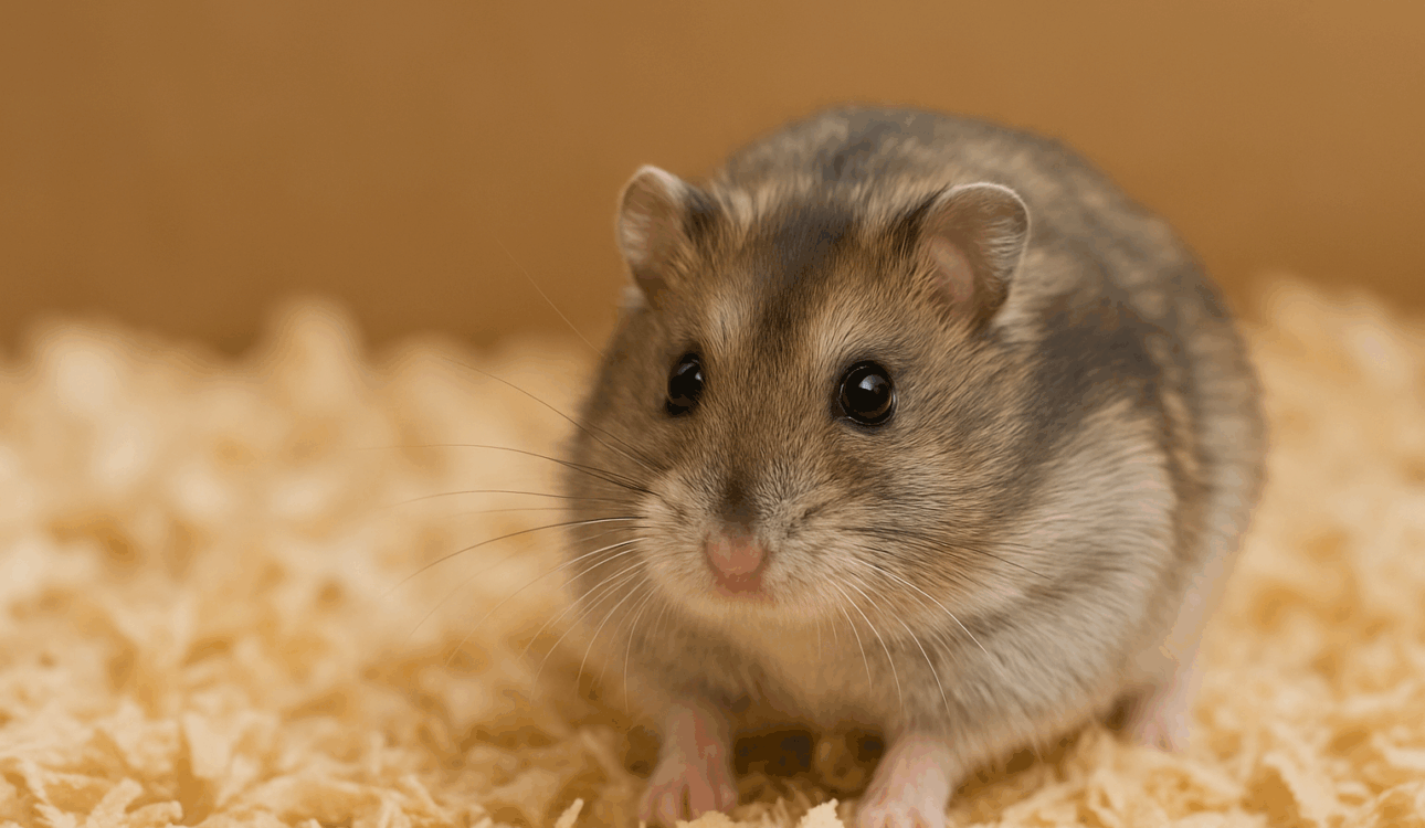 一隻可愛的倉鼠坐在柔軟的木屑上，雙眼明亮、毛色柔和，是新手飼主常見的寵物品種之一。