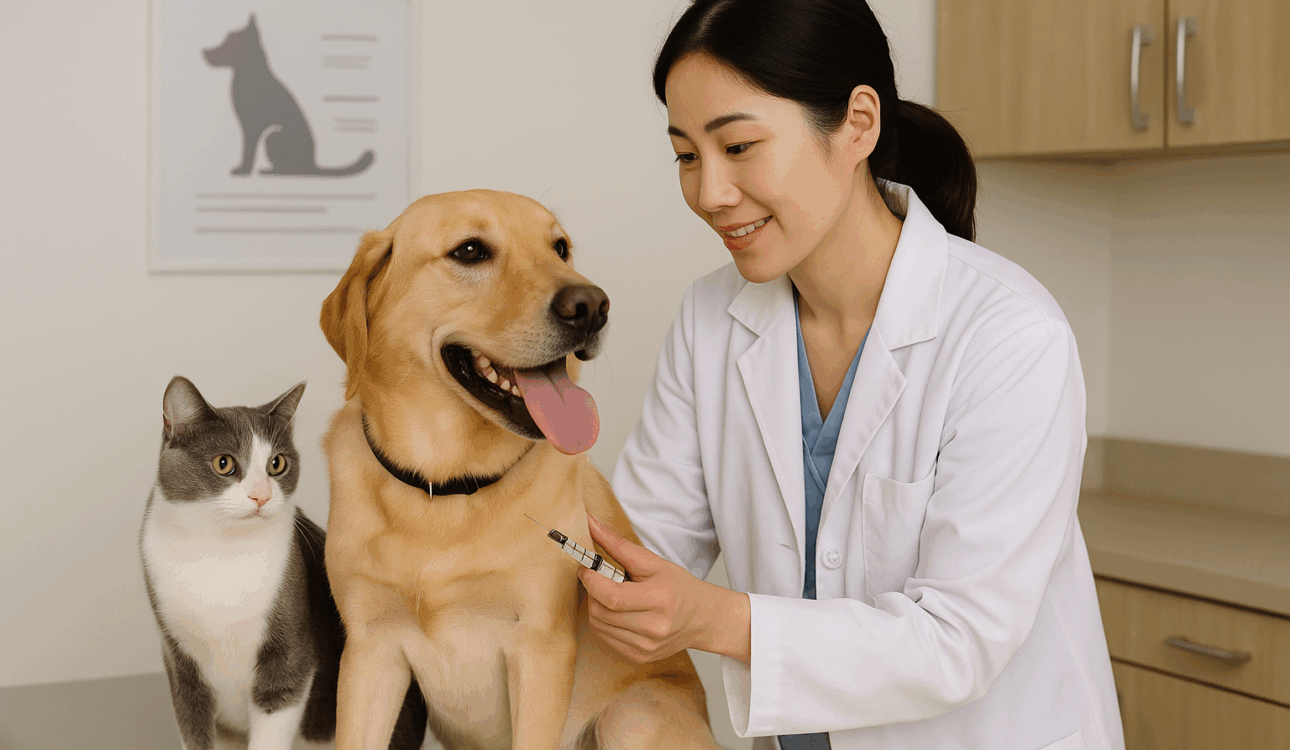 亞洲女獸醫替拉布拉多犬施打疫苗，貓咪在旁觀察。