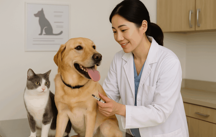 亞洲女獸醫替拉布拉多犬施打疫苗，貓咪在旁觀察。