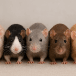 五隻不同顏色的寵物鼠並排坐在一起，適合小朋友飼養的可愛鼠類。