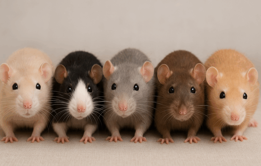 五隻不同顏色的寵物鼠並排坐在一起，適合小朋友飼養的可愛鼠類。