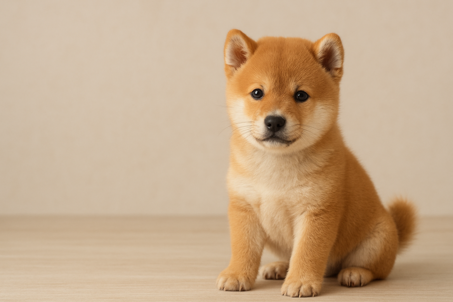 可愛的豆柴幼犬坐在木質地板上，正面凝視鏡頭，展現小巧迷你的體型與柔軟毛色。