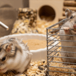 一隻可愛的三線鼠正在咬籠子，另一隻旁邊有掉落的毛髮，顯示三線鼠常見的掉毛與咬籠問題，象徵飼養方法可能出了問題。