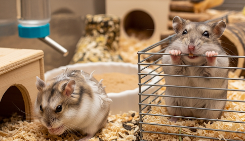 一隻可愛的三線鼠正在咬籠子，另一隻旁邊有掉落的毛髮，顯示三線鼠常見的掉毛與咬籠問題，象徵飼養方法可能出了問題。