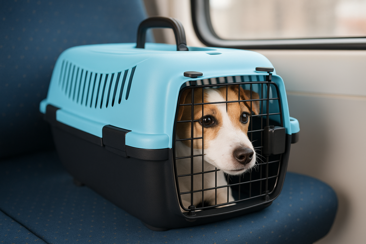 小型犬在透氣硬殼寵物籠裡，準備搭乘高鐵或公共交通工具的情境