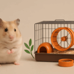 一隻毛色金黃帶白的敘利亞倉鼠，直立坐在籠子旁邊，籠內有橘色滾輪、小屋和木屑墊料，前方放著一個飼料碗。