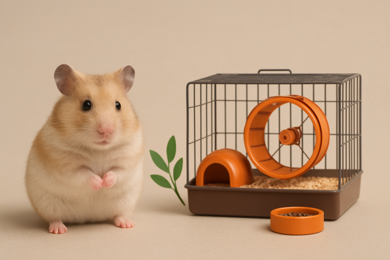 一隻毛色金黃帶白的敘利亞倉鼠，直立坐在籠子旁邊，籠內有橘色滾輪、小屋和木屑墊料，前方放著一個飼料碗。