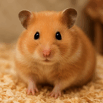 一隻金黃色的布丁鼠坐在木屑上，黑色圓眼直視鏡頭，表情呆萌可愛。