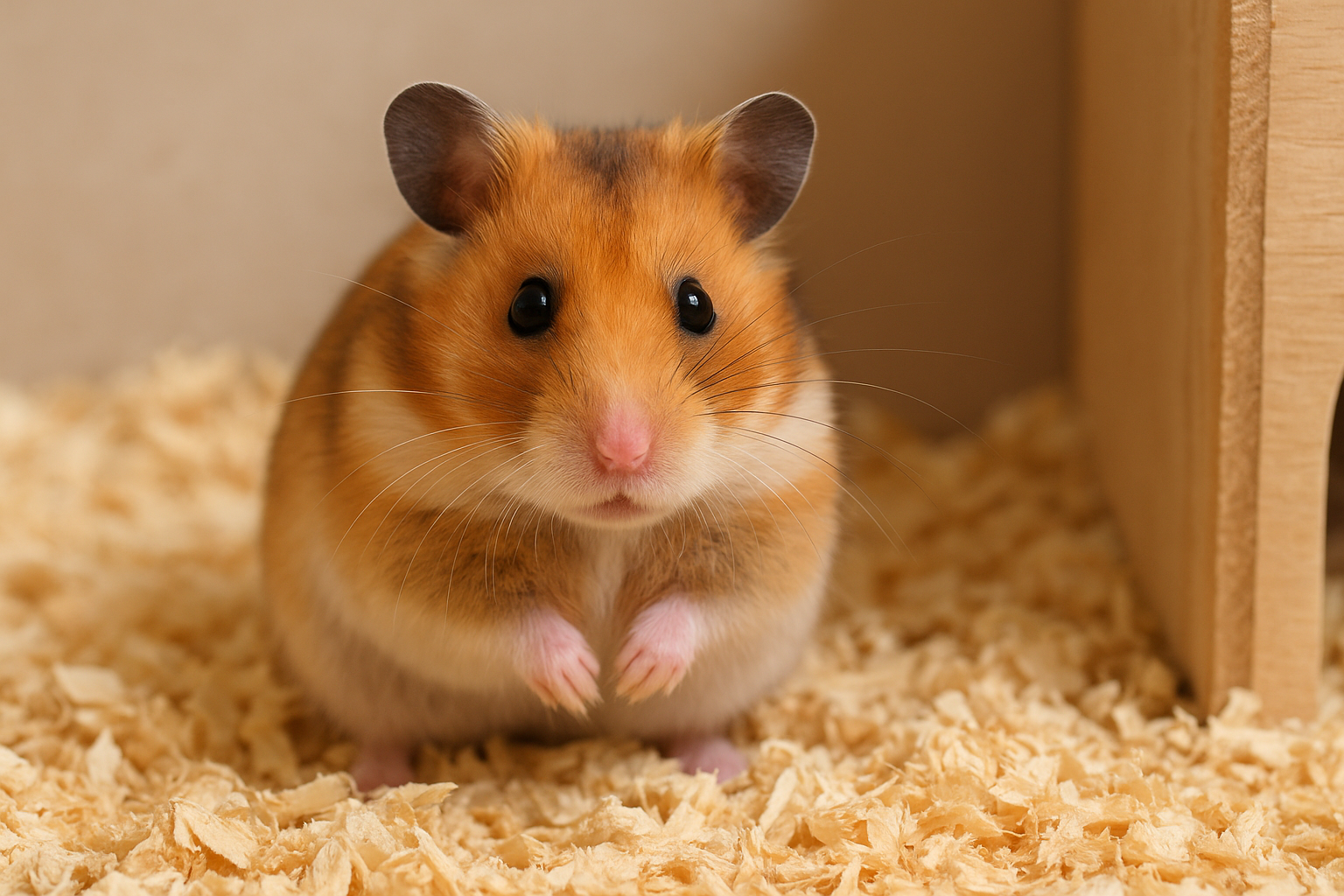 一隻可愛的黃金鼠坐在木屑墊材上，用圓圓的黑眼睛望向鏡頭，背景為溫暖的木製倉鼠籠內部
