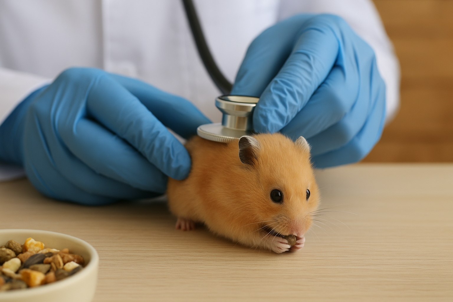 一隻金黃色的黃金鼠坐在木質桌面上進食飼料，旁邊有獸醫戴著藍色手套正在以聽診器檢查牠的身體，畫面呈現自然真實的倉鼠健康檢查情境，主題為黃金鼠壽命與倉鼠疾病預防。