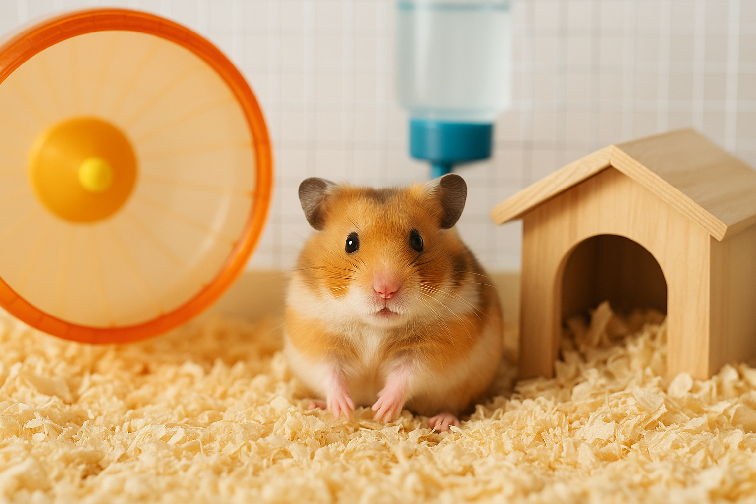 倉鼠坐在鋪滿木屑的籠舍中，旁邊有滾輪、水瓶和木質巢箱，呈現日常飼養與花費配置環境，呼應養倉鼠花費主題。