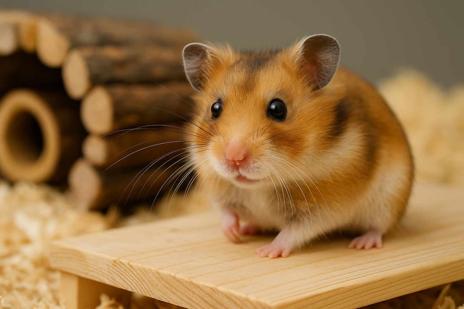一隻黃金鼠在自然光下的木桌上探索，周圍有飼料與玩具，畫面乾淨柔和，象徵穩定環境與良好照護能延長倉鼠壽命。