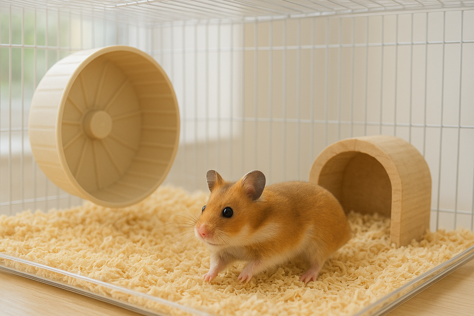 金黃色的寵物倉鼠在籠子裡活動，旁邊有滾輪與木製小屋，展現自然飼養環境的可愛模樣