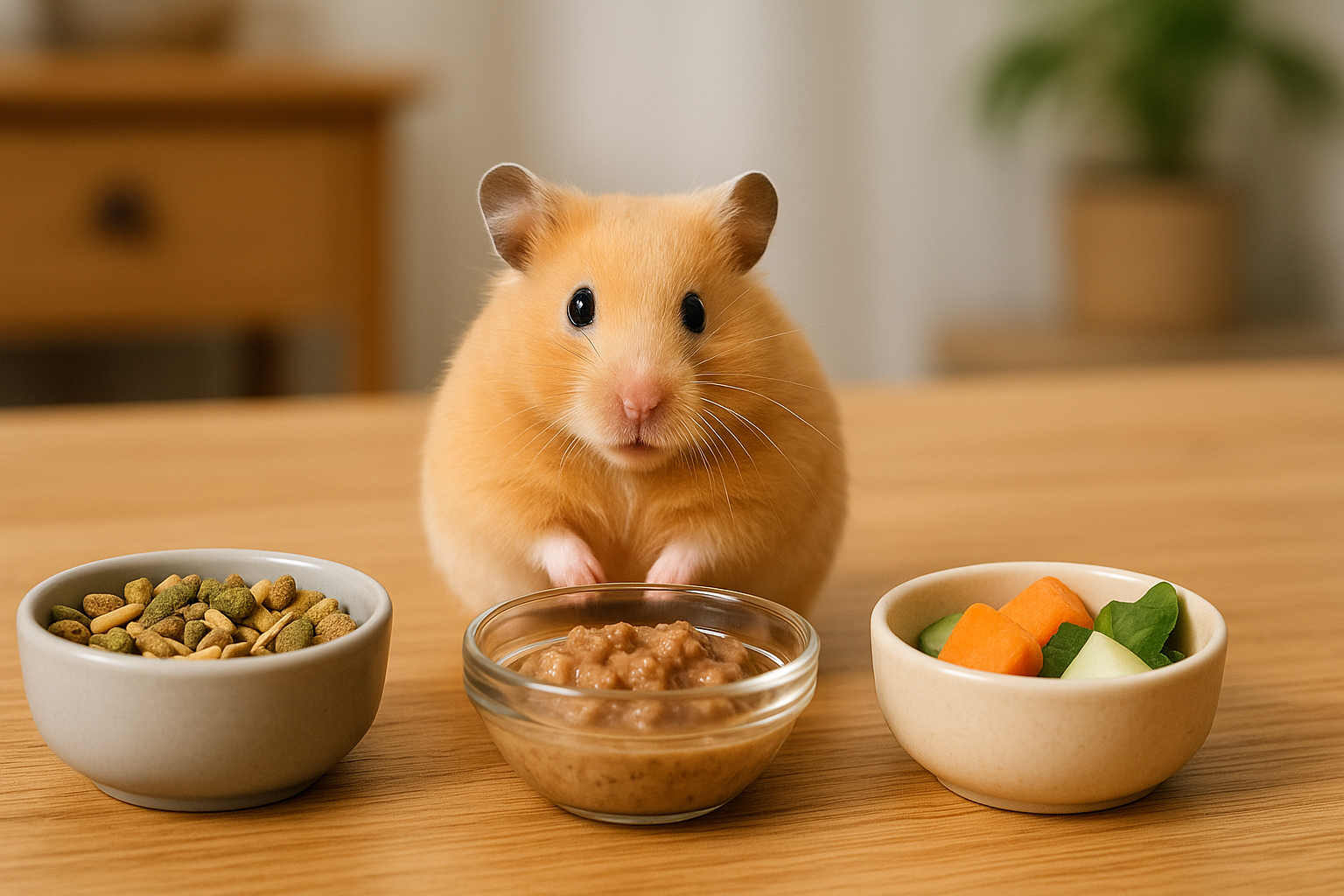 以簡潔插畫方式呈現的倉鼠飼料比較圖，表格中清楚列出乾糧、濕糧與自製飼料的優缺點與營養差異，旁邊有一隻可愛的卡通倉鼠圖示，主題為倉鼠飼料總整理與選擇指南。