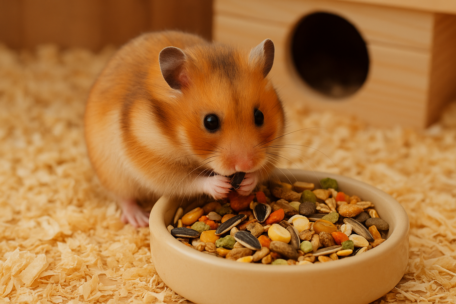 一隻黃金鼠正用小爪子拿著葵瓜子進食，前方的陶瓷碗裡裝滿五顏六色的種子、穀物和乾燥蔬菜，背景是溫暖的木屑與小木屋。