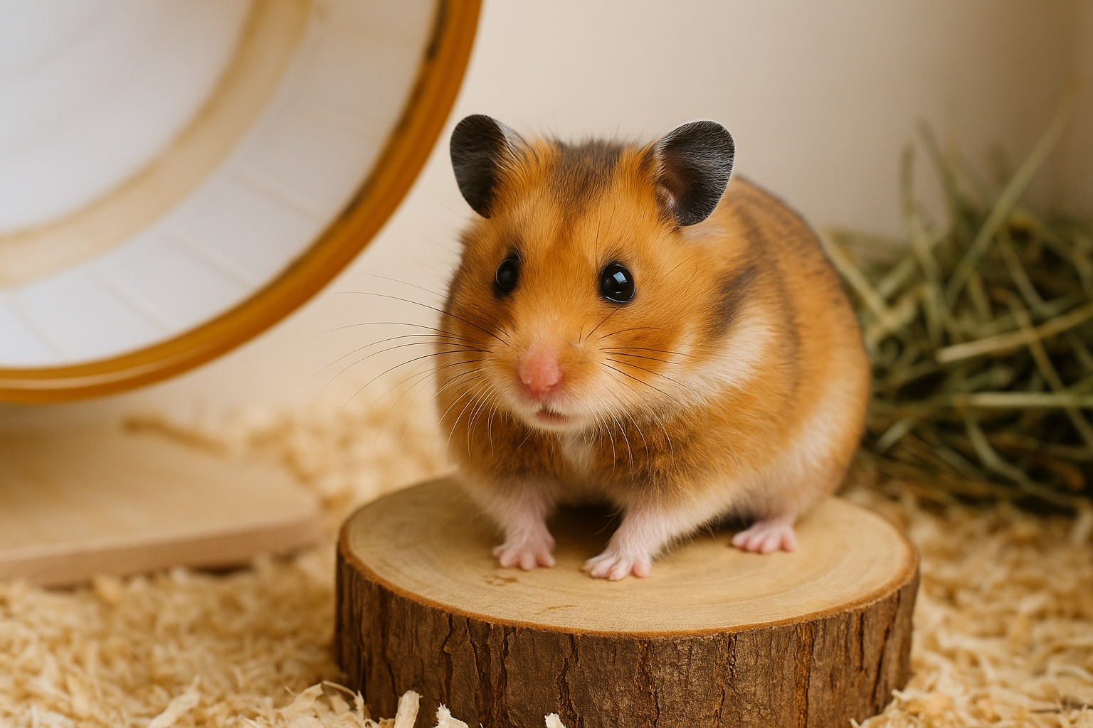 一隻金黃色的黃金鼠在木質籠舍中安靜地進食，周圍鋪有柔軟木屑與飲水器，畫面溫暖自然，呈現倉鼠健康生活與飼養環境，主題為倉鼠壽命與照顧。