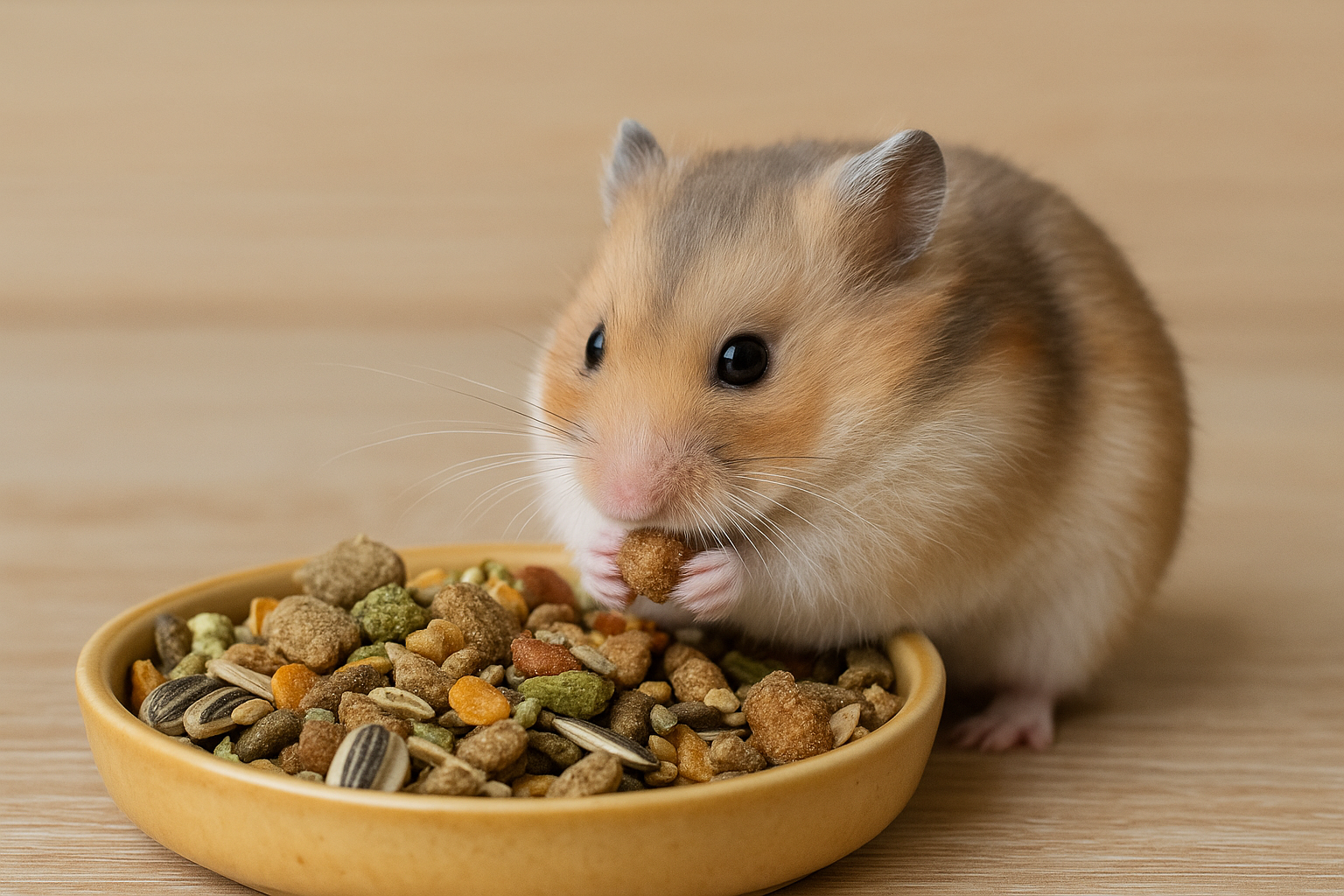 一隻金黃色倉鼠坐在木質桌面上，雙手捧著顆粒狀飼料進食，碗中有乾糧、濕糧與混合穀物，畫面呈現自然實拍風格，主題為倉鼠飼料種類與飲食習慣