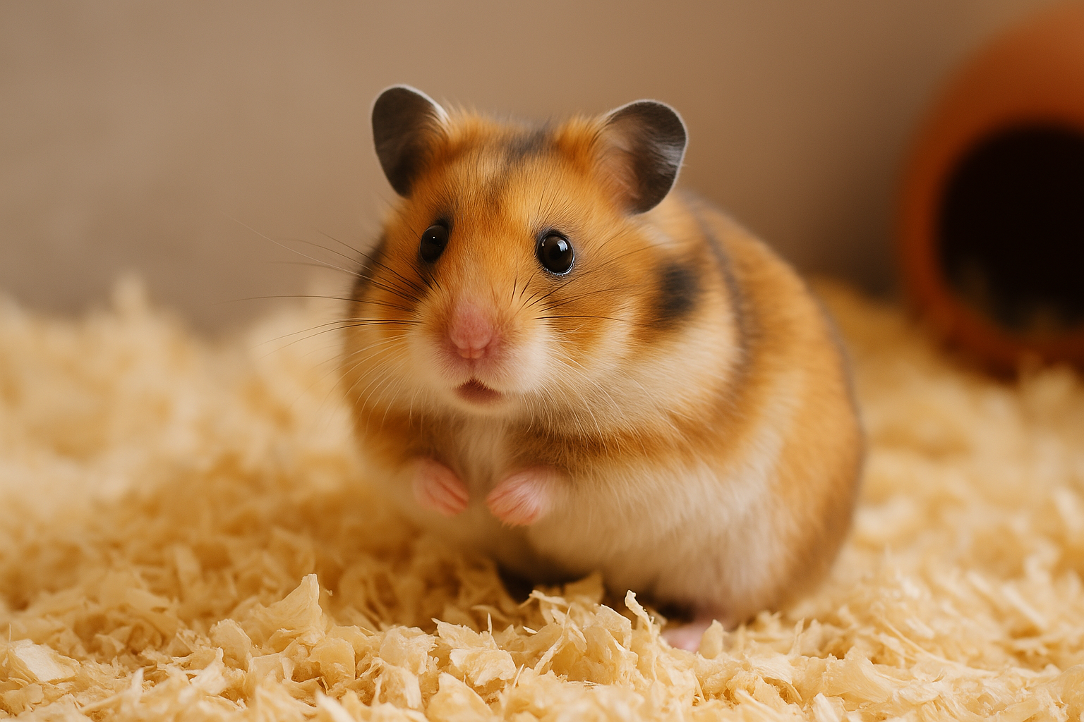 一隻布丁鼠在透明飼養箱內活動，背景有滾輪、飲水器與乾淨木屑，呈現舒適、安全的飼養空間，呼應倉鼠壽命與健康關聯。