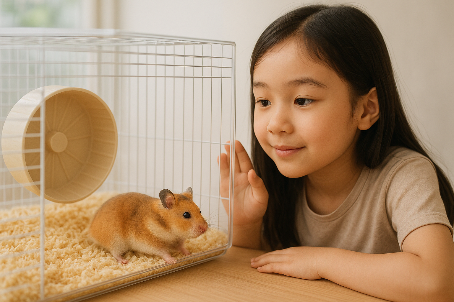 長髮小女孩在家中溫柔地注視籠子裡的金色倉鼠，展現孩童與寵物間自然互動的溫馨畫面
