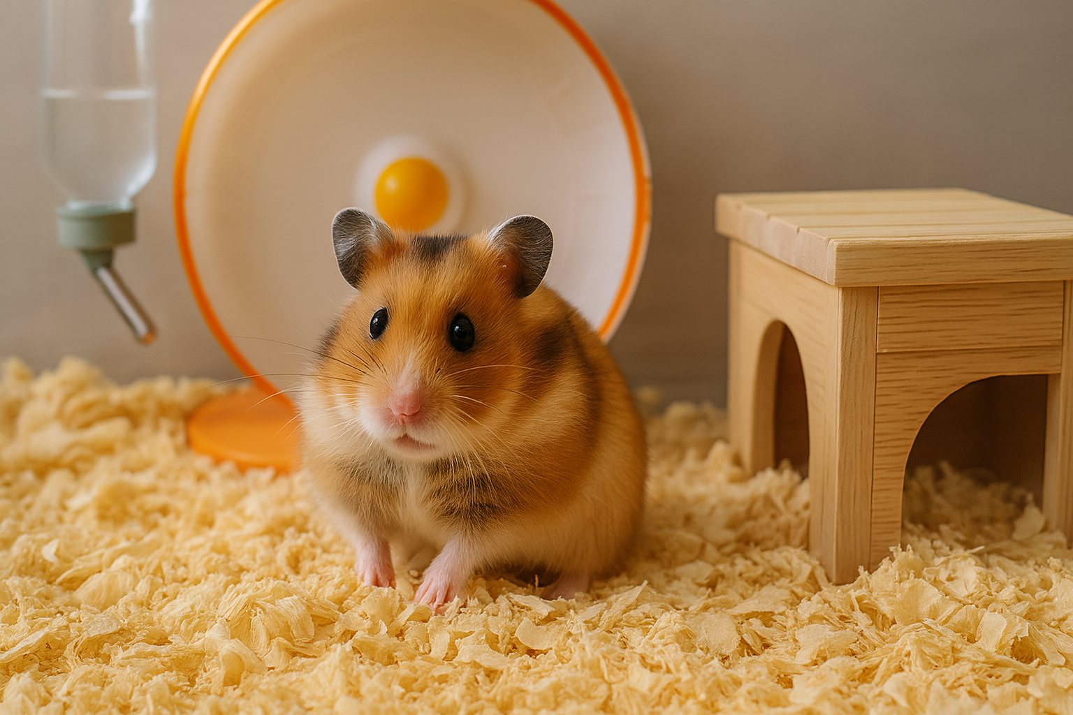 倉鼠坐在鋪滿木屑的籠舍中，旁邊有滾輪、水瓶和木質巢箱，呈現日常飼養與花費配置環境，呼應養倉鼠花費主題。
