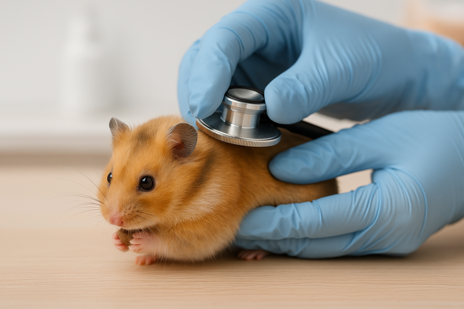 一隻金黃色的黃金鼠正被戴著藍色手套的獸醫輕輕檢查，聽診器放在牠背上，桌上可見飼料與溫暖的木質背景，畫面呈現倉鼠健康檢查與疾病預防情境，主題為黃金鼠壽命與倉鼠疾病照護