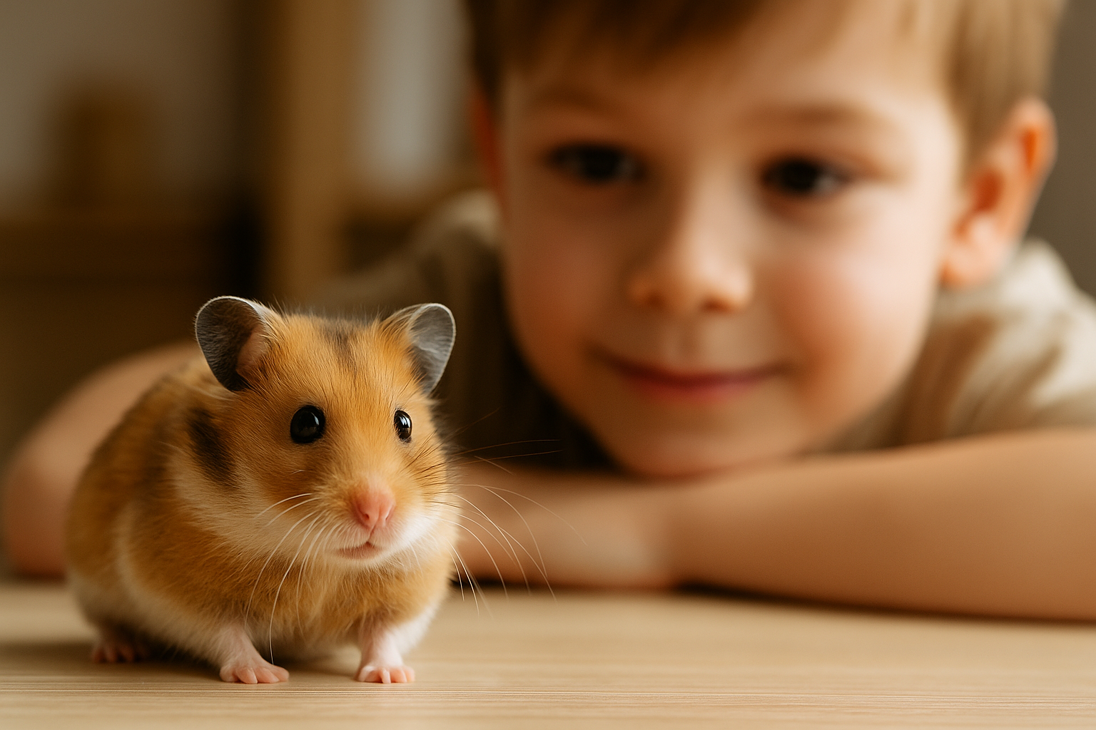 一隻金黃色倉鼠站在桌面上，後方小男孩安靜觀察牠，呈現親子養倉鼠的互動情境