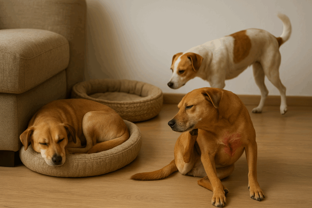 背景是客廳的角落，狗狗在打疫苗後出現副作用。一隻在狗窩裡趴著睡覺，另一隻身上出現紅腫的狗狗在一旁抓癢，第三隻狗狗在另外兩隻後面呈現步伐不穩的樣子。