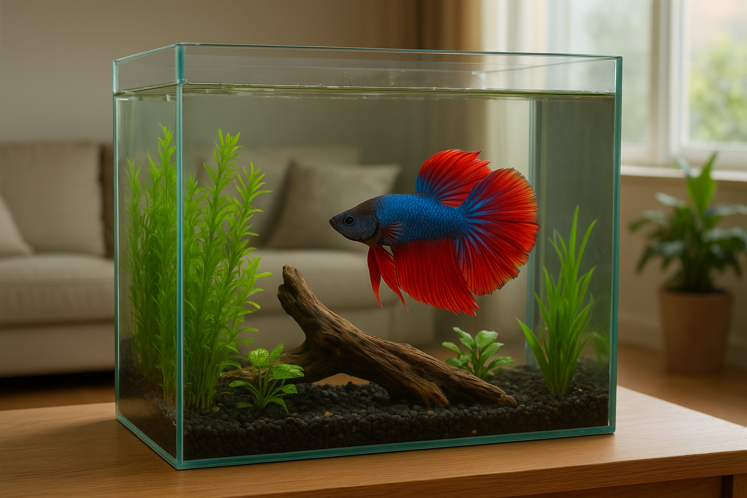 飼養鬥魚魚缸擺設的情境圖