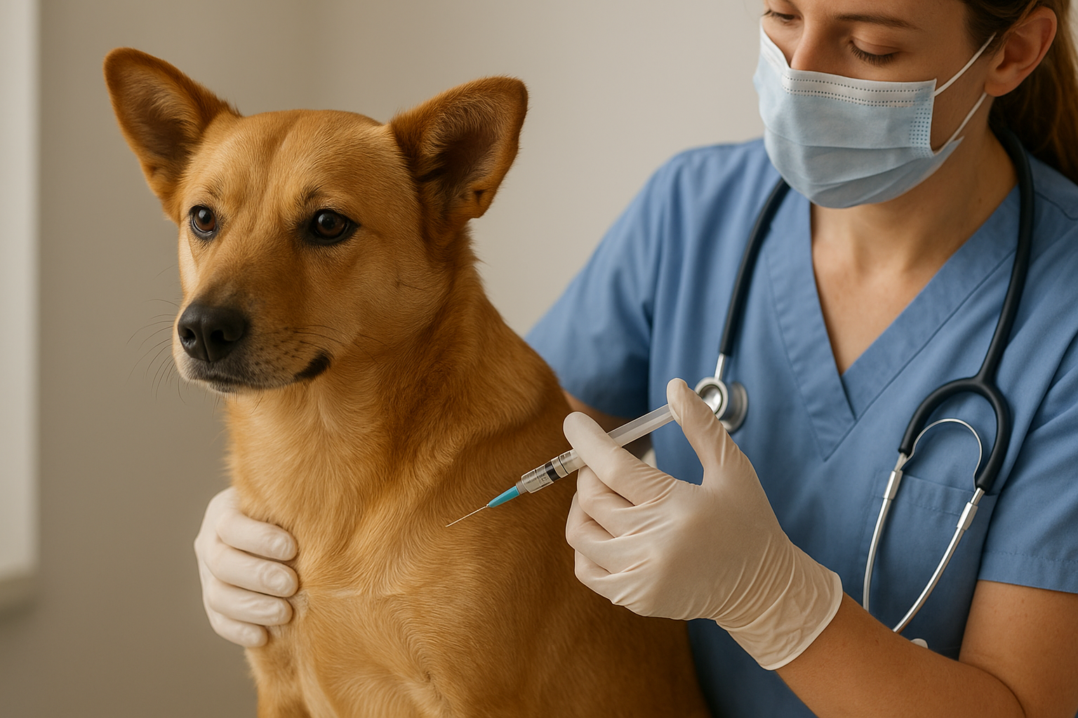 一位獸醫正在為一隻黃色狗狗打疫苗。獸醫一手扶著狗狗、一手拿著針筒，狗狗乖乖坐著看向前方。
