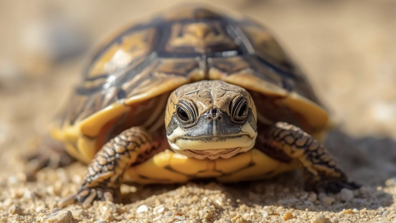 一隻幼年烏龜在沙地上的正面特寫，清晰展現其明亮的眼睛與殼部花紋，背景呈現淺景深的模糊效果