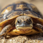 一隻幼年烏龜在沙地上的正面特寫，清晰展現其明亮的眼睛與殼部花紋，背景呈現淺景深的模糊效果