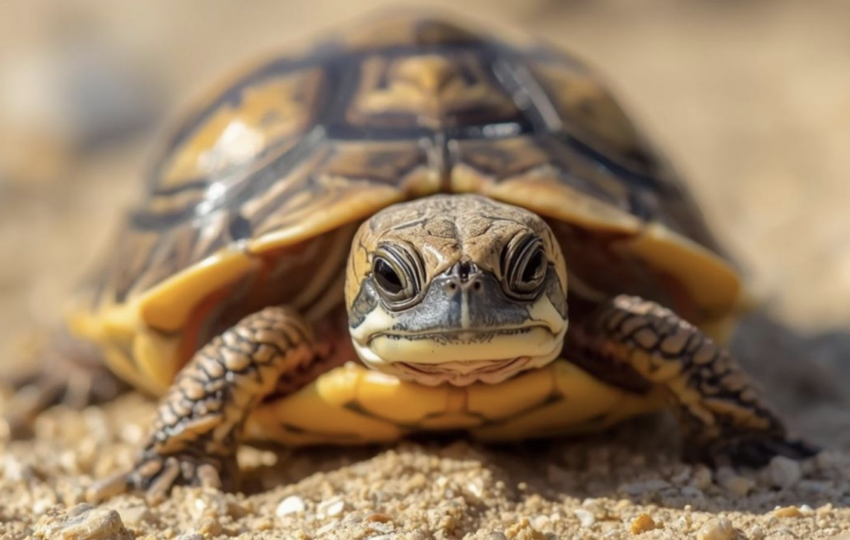 一隻幼年烏龜在沙地上的正面特寫，清晰展現其明亮的眼睛與殼部花紋，背景呈現淺景深的模糊效果