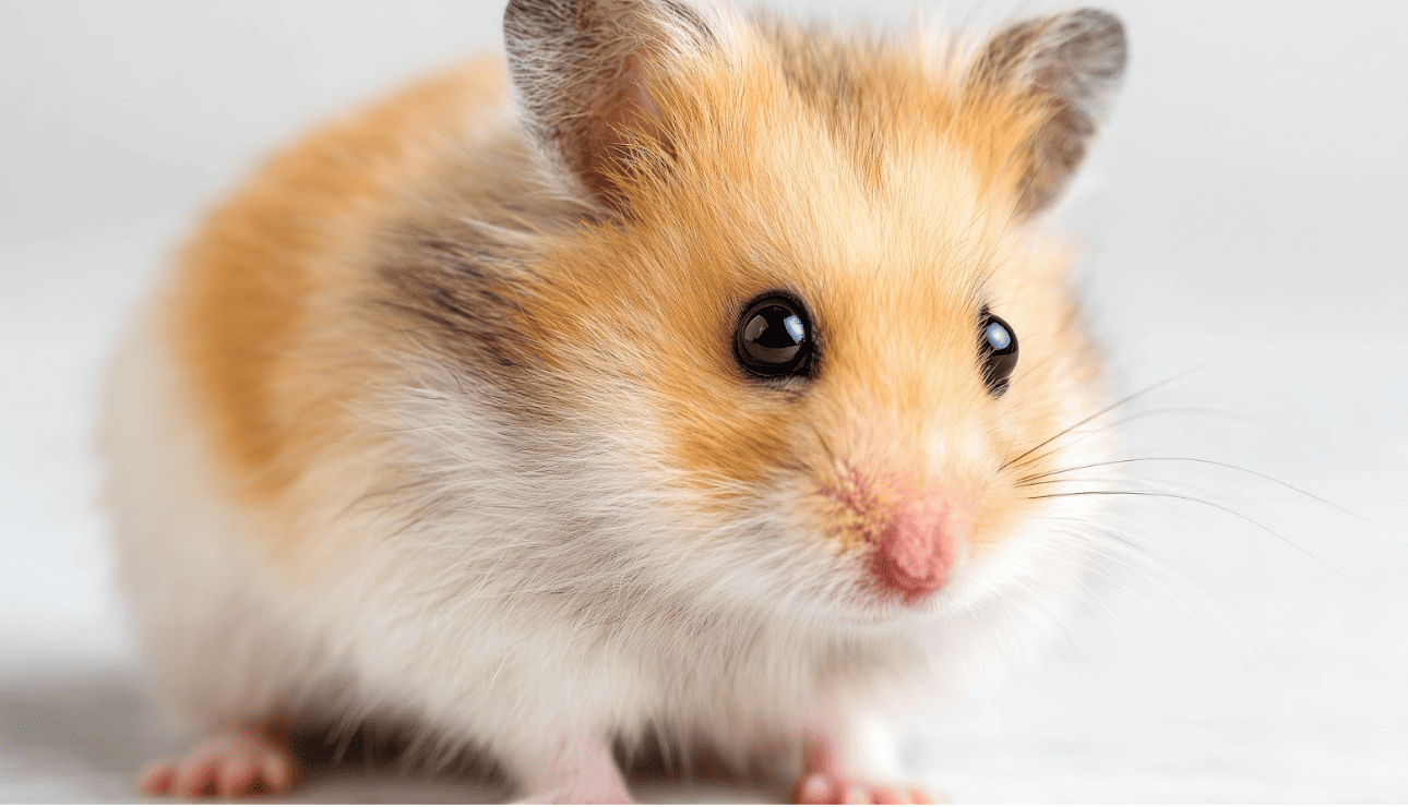一隻金黃色與白色相間的倉鼠正面特寫，黑溜溜的大眼睛與粉嫩的小鼻子極其可愛，背景乾淨簡約，突顯寵物的療癒感