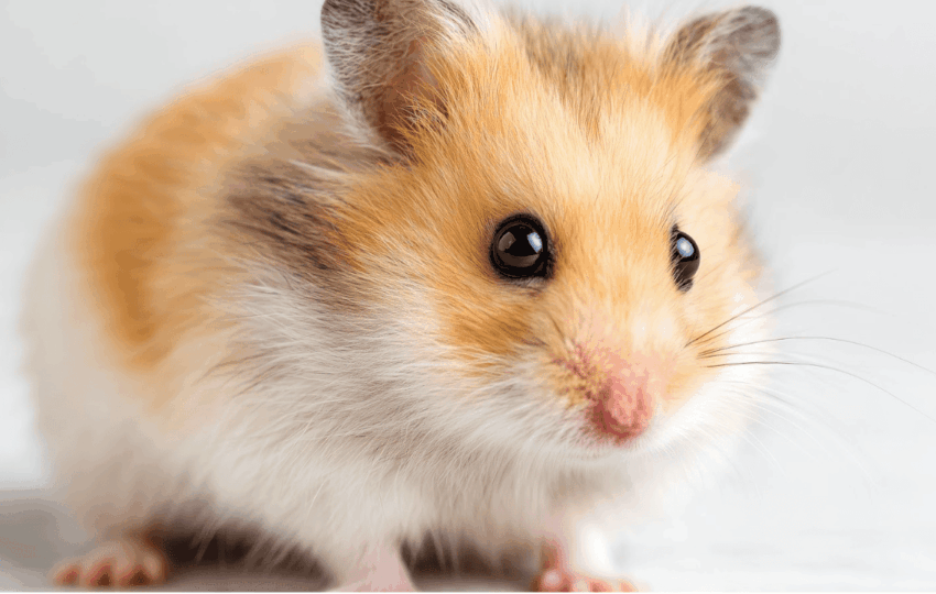 一隻金黃色與白色相間的倉鼠正面特寫，黑溜溜的大眼睛與粉嫩的小鼻子極其可愛，背景乾淨簡約，突顯寵物的療癒感