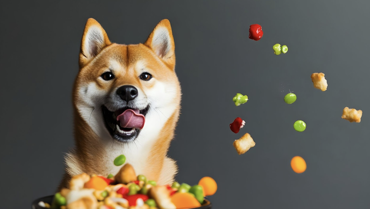 一隻柴犬開心地看著眼前飛散的食物顆粒與蔬菜，露出期待又興奮的表情