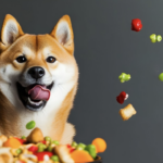 一隻柴犬開心地看著眼前飛散的食物顆粒與蔬菜，露出期待又興奮的表情