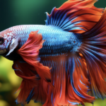 藍紅雙色半月鬥魚側影，展現華麗的背鰭與尾鰭線條，鱗片在水下呈現金屬光澤