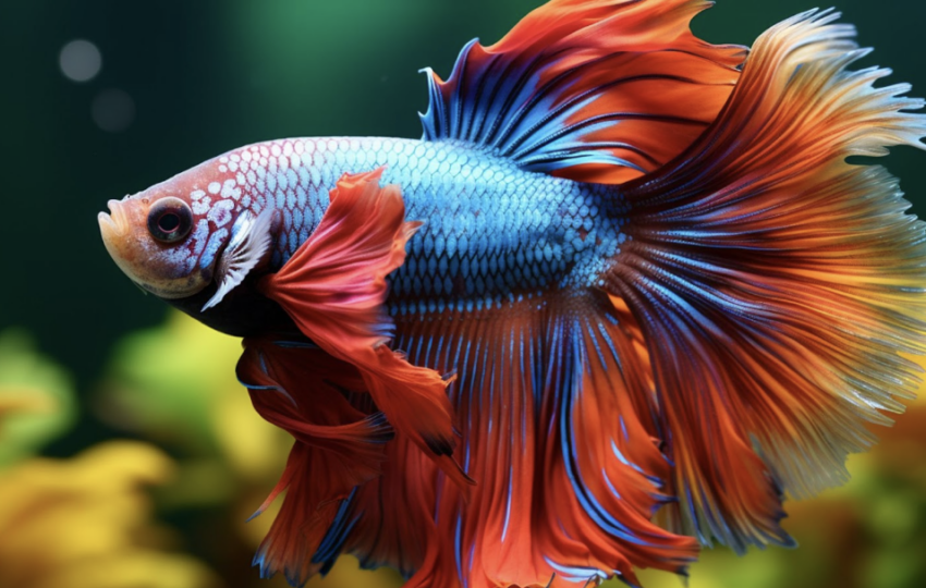 藍紅雙色半月鬥魚側影，展現華麗的背鰭與尾鰭線條，鱗片在水下呈現金屬光澤