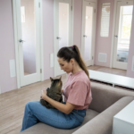 一名穿著粉色上衣的女性坐在寵物旅館的沙發上懷抱虎斑貓，背景為獨立的貓咪隔間