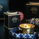 黑色寵物骨灰罈與寵物遺物，包括項圈、玩具球和點燃的小蠟燭