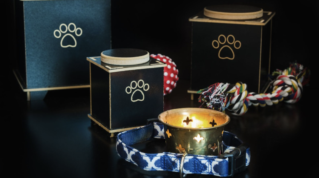 黑色寵物骨灰罈與寵物遺物，包括項圈、玩具球和點燃的小蠟燭